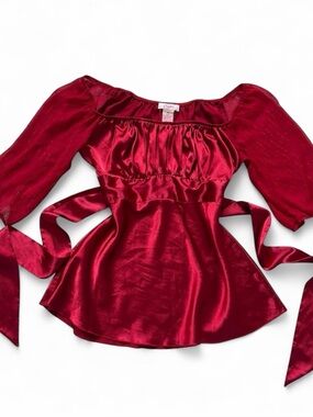 Vintage Y2K Red Satin Babydoll Puff Sleeve Top Romantic Coquette Fairycore ❤️